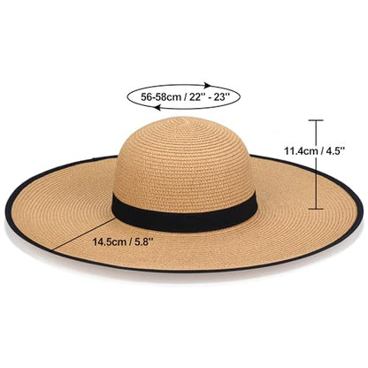 Women Wide Brim Sun Hat UPF50 Straw Summer Hat Floppy Beach Hat Roll-Up - color: Khaki
