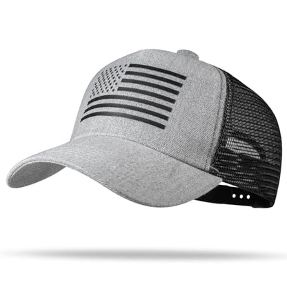 American Flag Trucker Hat - Snapback Hat, Baseball Cap for Men Women - Breathable Mesh Side, Adjustable Fit - for Casual Wear - color: Heather Gray/Black