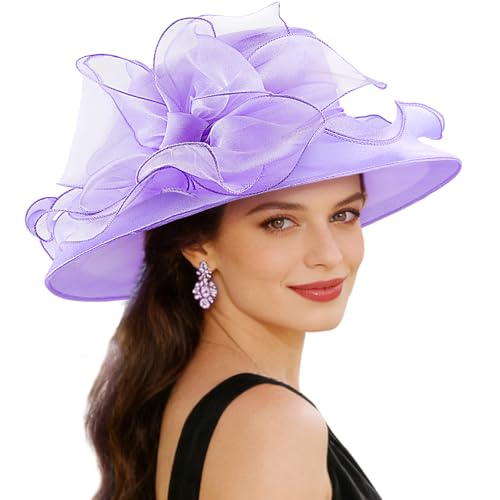 AQOKKA Women Organza Church Fascinators Kentucky Derby Hats for Women and Girls Wedding Flower Tea Party Hat with Wide Brim - color: Organza Big Bow : Purple