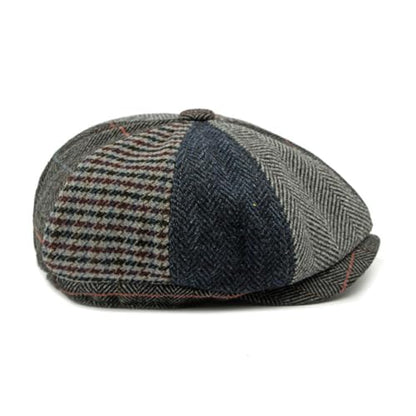 Men's Faux Woolen Tweed Plaid Ivy Cabbie Gatsby Newsboy Golf Paperboy Hat Cap - color: 878grey