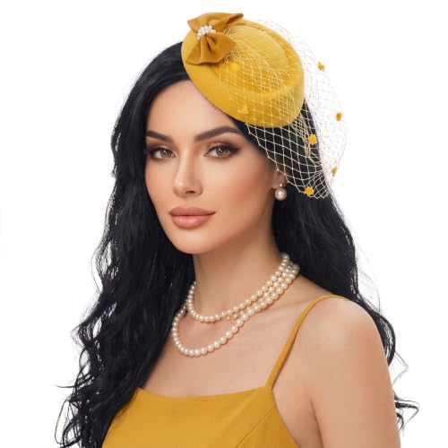 Fascinator Hat for Women Veil Fascinators Tea Party Wedding Retro Pillbox Hats for Cocktail Dresses Accessories - color: Yellow