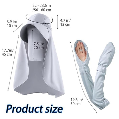 Sun Hat with Face Cover and Arm Sleeves,UPF 50+ Sun Protection Cap,1 Piece Sun Hat and 1 Pair Arm Sleeves,Grey