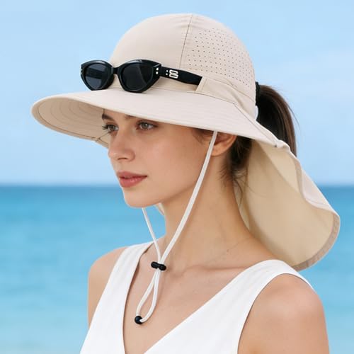 Sun Hats for Men Women with Neck Flap UPF 50+ UV Protection Wide Brim Bucket Hat Safari Hiking Fishing Hats - color: Beige