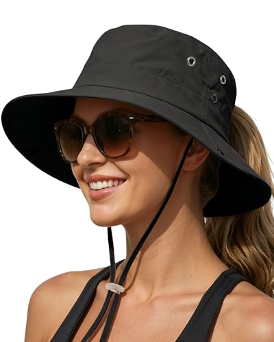 Women Sun Hat with Ponytail Hole Wide Brim Bucket Sun Protection for Summer - color: Black