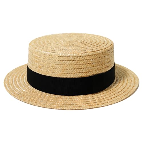 Straw Boater Hat for Men and Women, Flat Top Skimmer Hat for Amish Costumes - color: Black