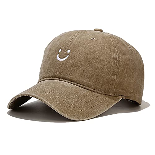 Smile Face Baseball Cap, Vintage Distressed Cotton Dad Hat for Women Men - color: Retro Khaki