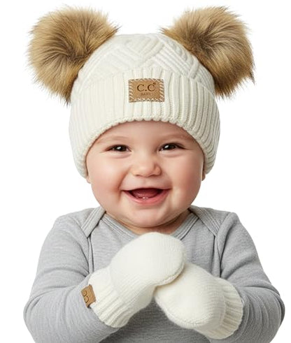 Funky Junque Baby Double Faux Fur Pom Pom Beanie & Mittens Set – Newborn Infant 0–9 Months Winter Hat with Soft Lined Mittens - color: Diagonal Basketweave: White (0-9 Months)