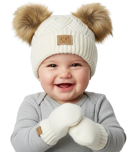 Funky Junque Baby Double Faux Fur Pom Pom Beanie & Mittens Set – Newborn Infant 0–9 Months Winter Hat with Soft Lined Mittens - color: Diagonal Basketweave: White (0-9 Months)