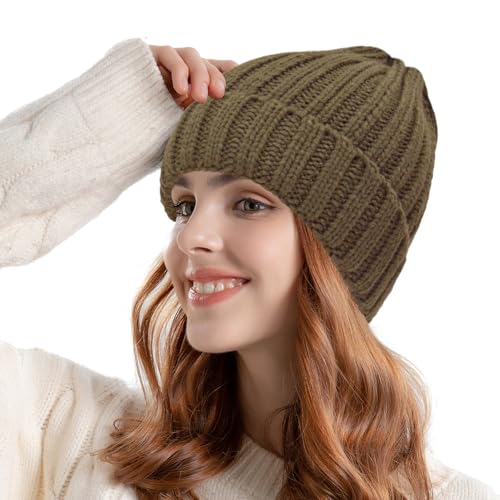 ZOORON 1&2 Winter Beanie for Women Soft Warm Slouchy Knit Hat Ski Stocking Cuffed Cap - color: Khaki