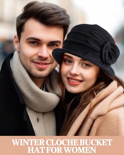 3 Pcs Church Hat for Women Cloche Bucket Winter Beret Hat French 3D Floral Wool Fleece Winter Cap Headgear, 56-58cm - color: Black White Dark Red