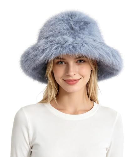 Lina & Lily Oversized Winter Faux Fur Bucket Hat for Women - Long Pile Fur Wide Moldable Brim - color: Light Blue