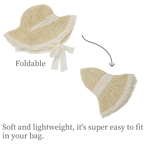 Ladies Wide Brim Beach Straw Hat Summer Vacation Sun Protection Hat Braided Lace Edge Hat Soft Foldable Lightweight - color: Beige