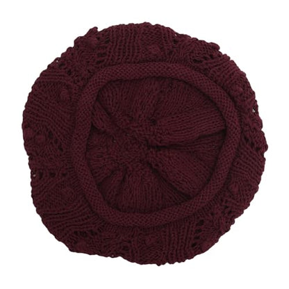ZLYC Women Cotton Slouchy Crochet Beret Handmade Cutout Floral Beanie Hat - color: Knit Burgundy