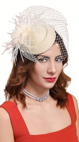 Fascinators Hats for Women Pillbox Hat 20s 30s 50s Vintage Feather Headwear Bowler Flower Veil Wedding Tea Party Hat - color: X-beige