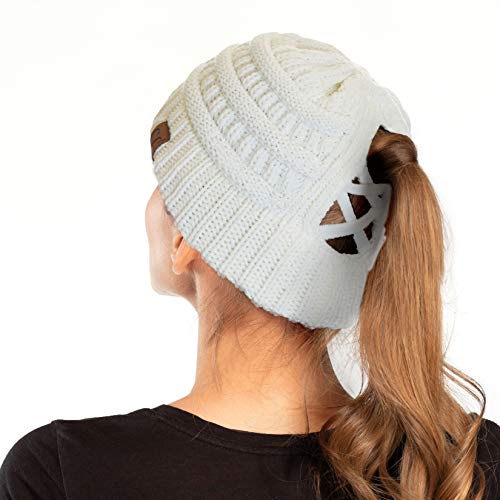 C.C Exclusives Soft Stretch Cable Knit Messy Bun Ponytail Beanie Winter Hat for Women (MB-20A) - color: 0 Criss-cross Ivory