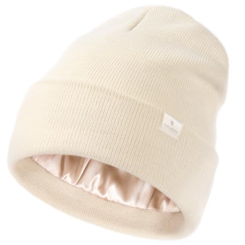 YANIBEST Satin Lined Beanie for Women, Reduce Frizz Winter Hats - color: Beige