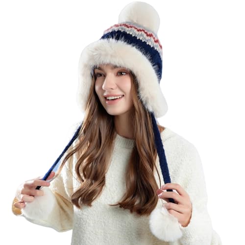 Women Winter Sherpa Beanie Hats Knit Ear Flap Hat Fleece Lined - color: Patterned Navy