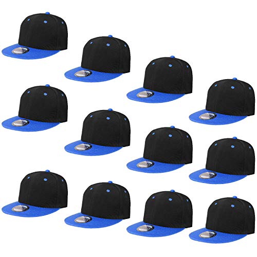 Falari Wholesale 12 Pack Snapback Hat Cap Hip Hop Style Flat Bill Blank Solid Color Adjustable Size - color: 12-pack Black/Royal
