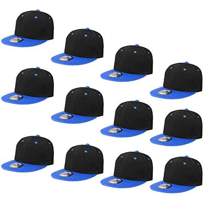 Falari Wholesale 12 Pack Snapback Hat Cap Hip Hop Style Flat Bill Blank Solid Color Adjustable Size - color: 12-pack Black/Royal