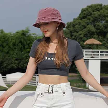 Washed Cotton Bucket Hats Packable Summer Beach Cap for Men Women - color: Ce-bh-black-gray-winered