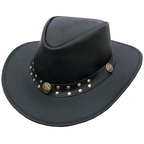Leather Cowboy Hat for Men Women Western Australian Outback Hat with Shapeable Wide Brim, Aussie Style Leather Hat - color: Black, size: 3X-Large