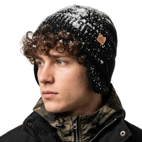 Winter Beanie Hat Ear Flaps Waterproof Merino Wool Fleece Men Women - color: Black, size: X-Large-XX-Large