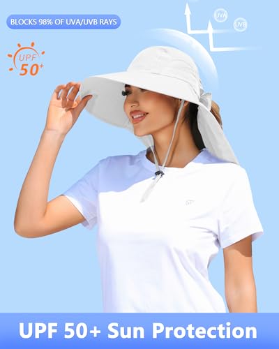 Womens Sun Hat Outdoor UV Protection Wide Brim Fishing Hat with Ponytail Hole Neck Flap for Beach Hiking Camping - color: White