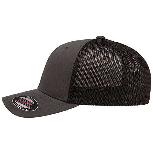 Flexfit 6511 Fitted Mid-Profile Stretchable Mesh Panels Trucker Cap - color: Charcoal/Black, size: Large-X-Large