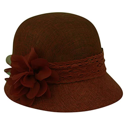 Women's Gatsby Linen Cloche Hat with Lace Band and Flower - color: Burgundy
