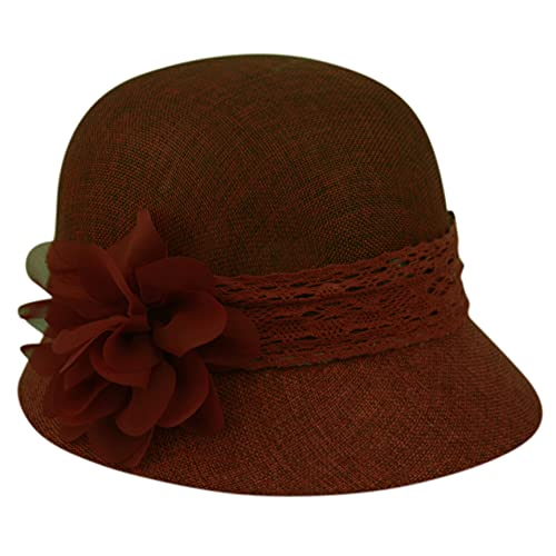 Women's Gatsby Linen Cloche Hat with Lace Band and Flower - color: Burgundy