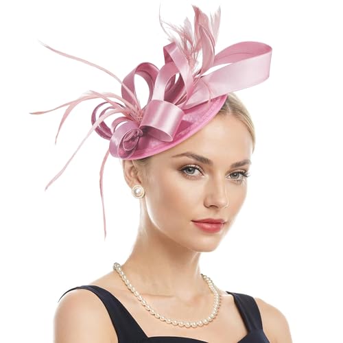 Century Star Kentucky Fascinator-Derby Hats for Women 2026 - Feather & Ribbon Hair Clip Headband Tea Party Wedding Church Hat - color: Pink