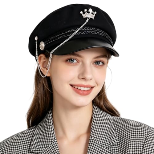Women’s Black Newsboy Cap Gothic Beret with Chain Heart Buckle/Crown Accents Flat Top Visor Baker Boy Sailor Hat - color: Black With Crown Chain