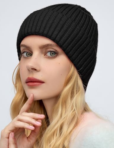 Satin Lined Wool Acrylic Blend Beanie Hat Women Men, Winter Knit Cap - color: 1-black