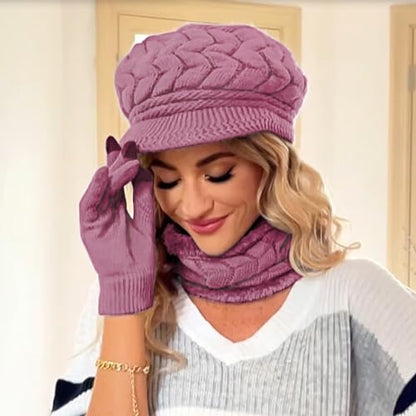 Loritta 3 in 1 Womens Winter Hat Gloves Scarf Set, Warm Hat Mittens - color: Purple