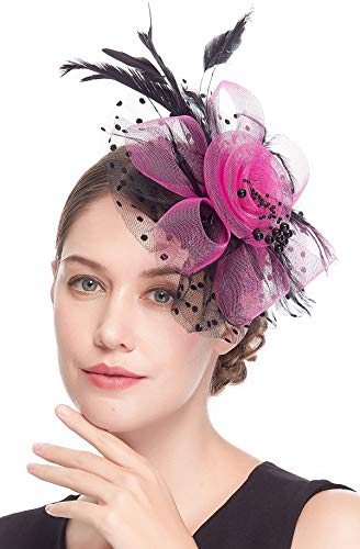 Kentucky Derby Fascinators for Women High Tea Party Hat Wedding Cocktail Flower Headware with Mesh and Feathers - color: Rose&black