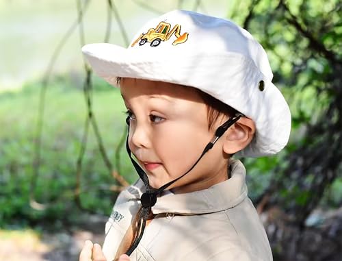 Safari Kids Sun Hat Bucket Boys Excavator Beach UPF 50+ Fishing Hat Toddler Girls Boonie Cap for 2-8T - color: White