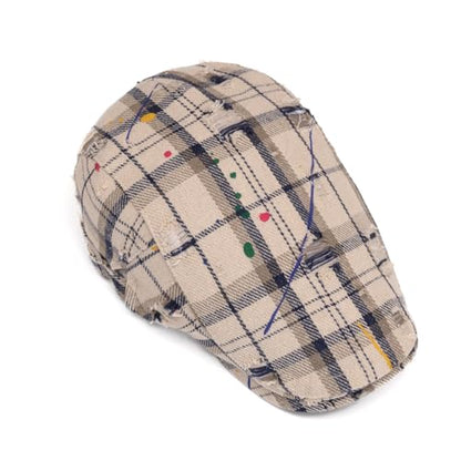 Quanhaigou Unisex Denim Newsboy Hats Flat Ivy Gatsby Cabbie Driving Berets Hat Cotton Dad Cap for Men Women - color: Plaid Distressed Beige