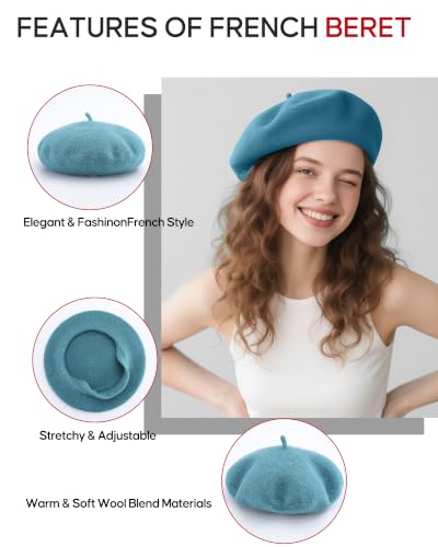 French Beret Hats for Women - Wool Solid Color Beanie Cap - color: Lake Blue