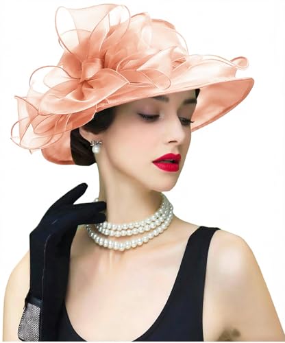 Organza Fascinator Hat - Women’s Wide Brim Church Bridal Tea Party Wedding Hat - color: 01a-peach Pink