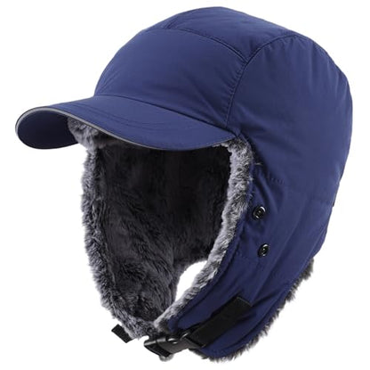 Connectyle Trapper Hat for Men Women Faux Fur Winter Hat with Ear Flaps Water-Resistant Hunting Hats Ushanka Skiing Cap - color: Navy Blue