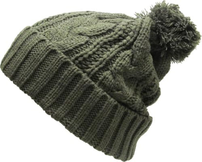 KBETHOS Women's Winter Warm Thick Oversize Knitted Beanie Hat with Pom Pom - color: Olive Cable Knit Pom Beanie