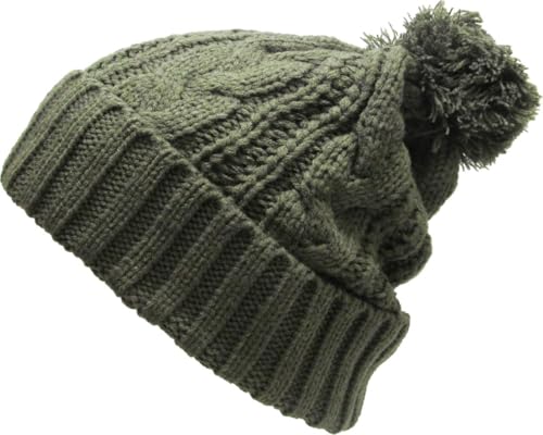 KBETHOS Women's Winter Warm Thick Oversize Knitted Beanie Hat with Pom Pom - color: Olive Cable Knit Pom Beanie
