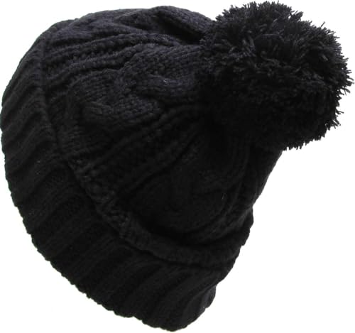 KBETHOS Women's Winter Warm Thick Oversize Knitted Beanie Hat with Pom Pom - color: Black Cable Knit Pom Beanie