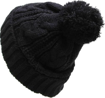 KBETHOS Women's Winter Warm Thick Oversize Knitted Beanie Hat with Pom Pom - color: Black Cable Knit Pom Beanie