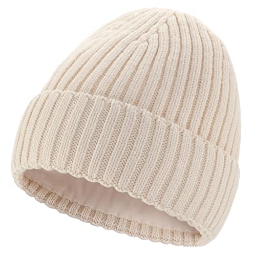 Connectyle Fleece Lined Cuffed Beanie Hat for Men Women Knitted Winter Wool Beanies Skull Cap Warm Watch Hat - color: Beige