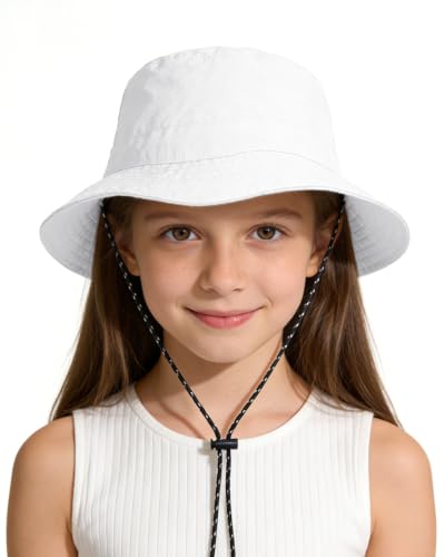Kids UPF 50+ Waterproof Sun Hat, Packable Wide Brim Bucket Hat - color: White