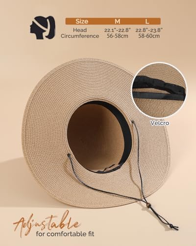 Womens Floppy Straw Sun Hat Wide Brim UPF 50 Sun Protection Packable Summer Beach Hats with Wind Lanyard - color: Khaki, size: Medium
