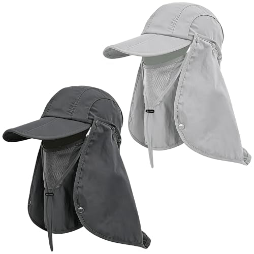 2Pack Men’s Foldable Sun Hat with Removable Face Mask & Neck Flap, UPF 50+ UV Protection, Quick-Drying Outdoor Fishing Cap - color: Dark Grey+light Grey