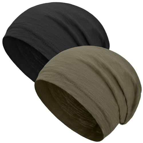100% Cotton Summer Beanie for Men Women, Thin Soft Slouchy Beanies - color: 2pcs Black+army Green, size: Medium