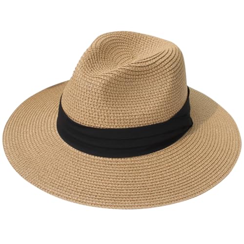 Lanzom Women Wide Brim Straw Panama Roll up Hat Fedora Beach Sun Hat UPF50+ - color: Brown/Black, size: One Size-Medium